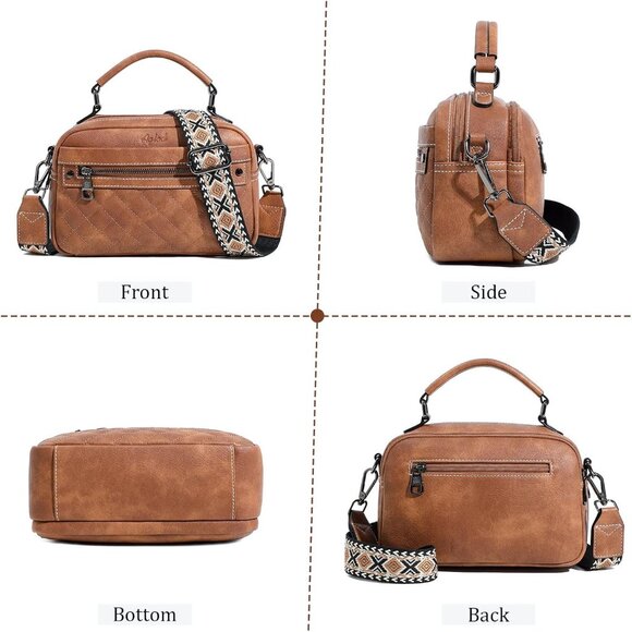 Women Vegan Leather Crossbody Bag Small Shoulder Purse with Wide Strap Two-tone - Picture 4 of 7